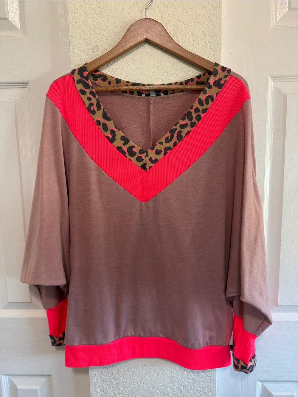 white birch Brown V-Neck Sweatshirt with Neon Pink Bands & Leopard Trim
